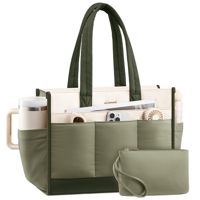 Сумка LOVEVOOK Shopper для жінок, бежево-зелена, 15.6 дюймів. Містка сумка для ноутбука, роботи, університету, школи. 14 відділень, тримач для пляшки
