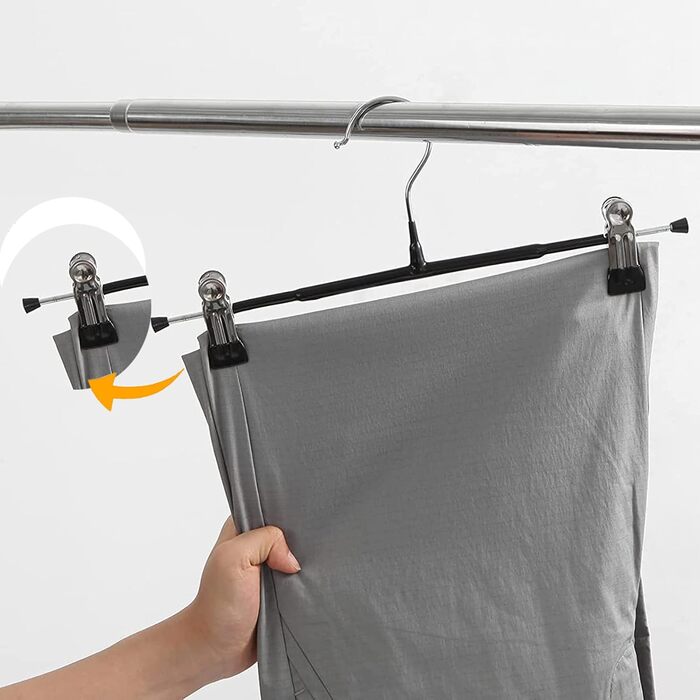 10 металевих вішалок для штанів, шкарпеток та спідниць з кліпсами, 30 см, антиковзаючі, хром, міцні, економія місця, чорний