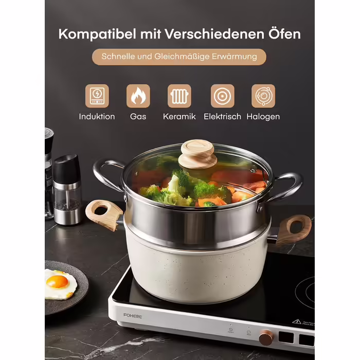 FOHERE 15-Piece Cookware Set, Induction Cookware Set with Glass Lids, Pots and Pans Set, Cookware Set, Non-Stick Coating, Suitable for All Cooktops including Induction, White