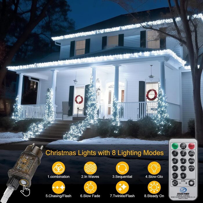 Різдвяна гірлянда з пультом дистанційного керування, 10 м, 100 LED, вологостійка для зовнішнього використання, 8 режимів. Ідеально підходить для садів, вечірок, терас та балконів, святкова декор. (Холодне біле світло, 10м, 100 LED)