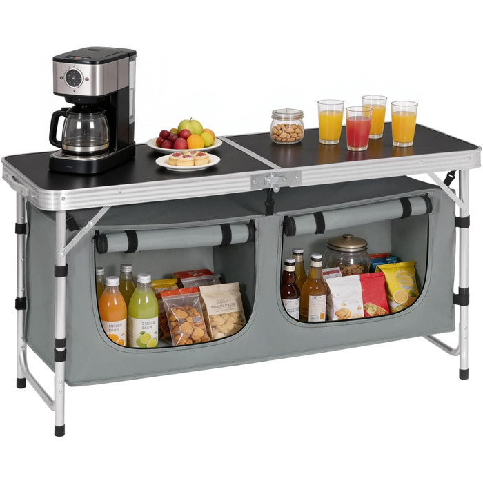 Складний алюмінієвий кемпінговий стіл-шафа WOLTU з регульованою висотою, чорно-сірий. Меблі для пікніка, пляжу, саду.