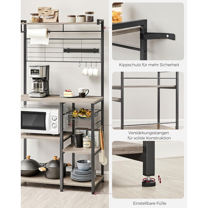 Стелаж кухонний VASAGLE, підлоговий, з магнітною смугою для ножів, кошиком, тримачем для рушників, 12 гачків, вінтажний, коричнево-чорний KKS026B01 (Грейж + Чорний)