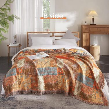 Богемна ковдра Boho Decke 100% бавовна – двостороння муслінова ковдра 150x200 см, м'яка ковдра для дивану та покривало на ліжко, естетичний дизайн, ідеально для вітальні та спальні, помаранчевий/зелений 150 x 200 см з квітковим візерунком