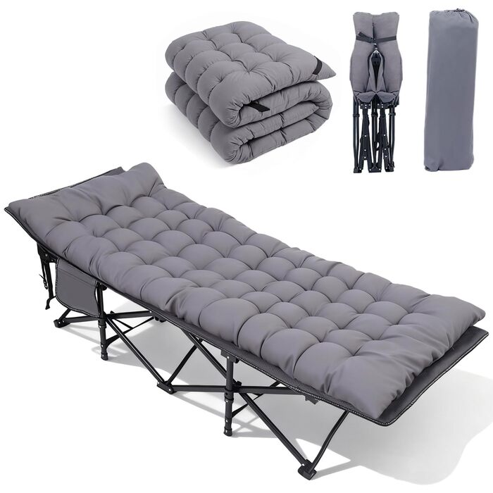 Ліжко похідне Sekey XXL 190x71x35 см з матрацом, сталеві труби, Oxford тканина - для кемпінгу та гостей сіре