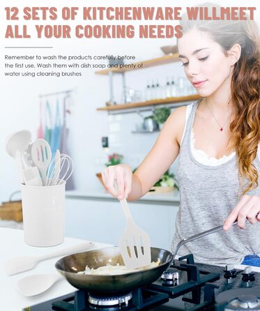 Набір кухонного силікону 12 шт., BPA-free, для антипригарного посуду, до 200°C, з підставкою, зелений (білий)