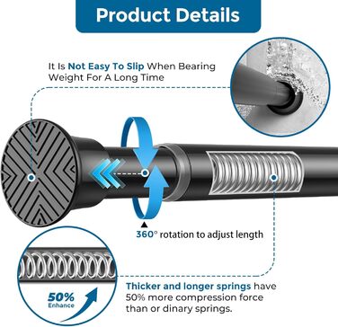 Штанга для душу без свердління AIZESI, 80-160 см, чорна, 1 шт. - регульована телескопічна штанга для вікна, шафи, ванної кімнати