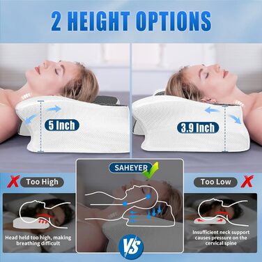 Подушка для шиї SAHEYER з Memory Foam, ортопедична, ергономічна, для тих, хто спить на боці, 60 x 35.5 x 10/13 см (Сіра)