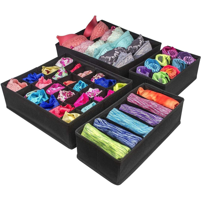 Styleys Set of 4 Foldable Storage Boxes, Drawer Dividers, Odorless Interior Lining, Storage Boxes, Closet Organizer, Under-Bed Organizer for Clothes, Shoes, Underwear, Bras, (Black - S1014)