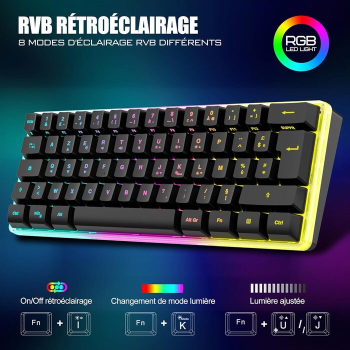 Бездротова ігрова клавіатура та миша RedThunder K62 60% RGB, AZERTY, 62 клавіші, Mini, для PC/PS5, чорний