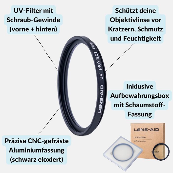 Фільтр об'єктива Lens-Aid UV 49mm зі склом Schott B270 – захист від ультрафіолету з 18-шаровим покриттям проти подряпин, пилу та піску. Ефект лотоса (стійкий до олії та води)