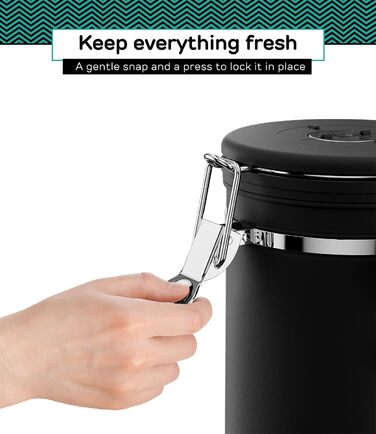 Coffee Gator Контейнер для кави з нержавіючої сталі, герметичний, з датчиком свіжості, клапаном CO2, ложкою, для кавових зерен, меленої кави, горіхів, чаю, цукру (Чорний, L)