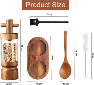 Auciej Pepper Grinder Wooden Salt Grinder Manual Spice Grinder Set with Adjustable Ceramic Grinder, Salt and Pepper Grinder with Coaster for Spices, Pepper, Salt, 2-Piece Set, Height: 18 cm