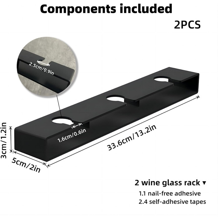 Тримачі для келихів вина настінні, самоклеючі, без свердління, для бару (чорний, 2 шт.)