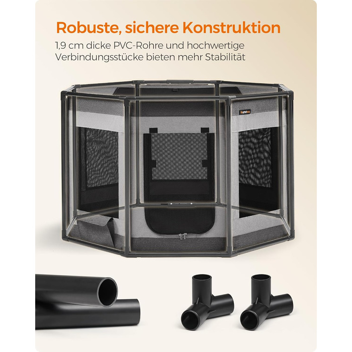 Клітка-вольєр для цуценят Feandrea Oxford, восьмикутна, XL, 112 x 112 x 76 см, з PVC-каркасом та дихаючою сіткою, з кишенею, сіро-сіра, PDC006G01 XL