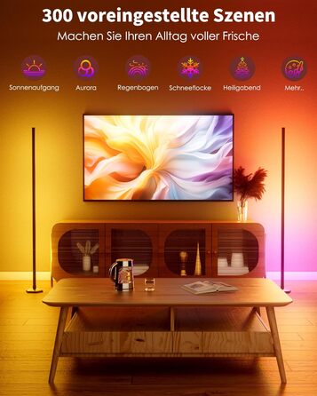 LED-підлогова лампа WISIMMALL з RGBIC підсвічуванням, 170 см, диммування, керування пультом/додаток, 16 млн кольорів, 300 режимів, музичний синхронізатор для вітальні, спальні, ігрової кімнати