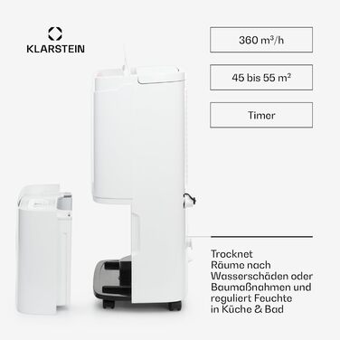 Електричний осушувач повітря Klarstein DryFy Connect 50L: 50 л/24 год, WiFi, Alexa, 7 л бак, таймер, для приміщень 45-55 м²