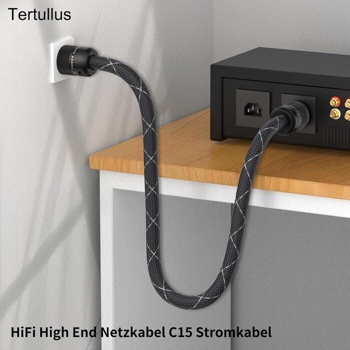 Hi-Fi мережевий кабель Tertullus OFC з роз'ємами Schuko та C15 для сабвуфера, підсилювача та AV-ресивера, 1.5м