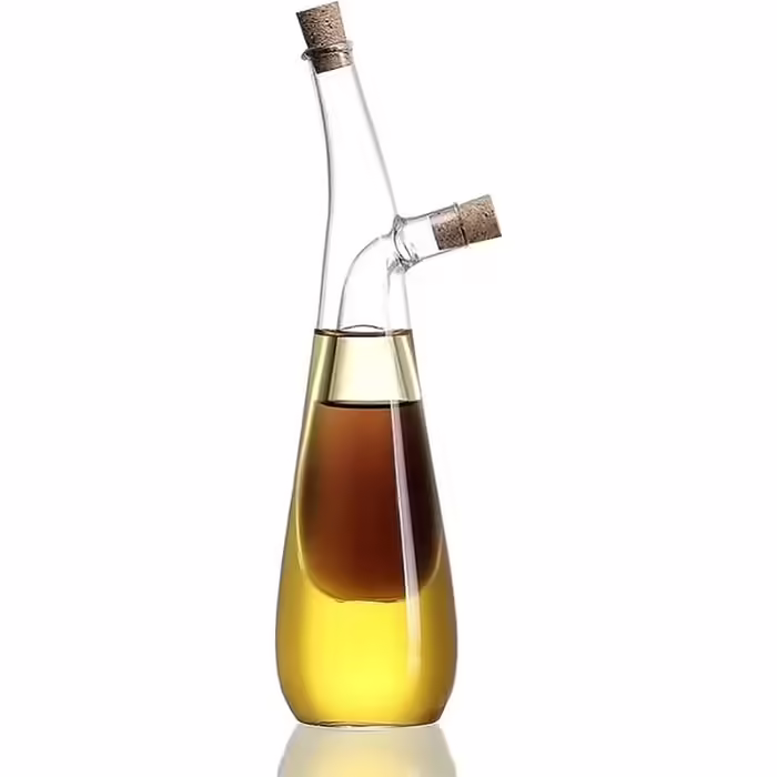 Oil and Vinegar Dispenser Set, 2-in-1 Double-Layer Glass Olive Oil Bottle with Cork Stopper, Double Spout Pourer Oil Menage Glass for Cooking