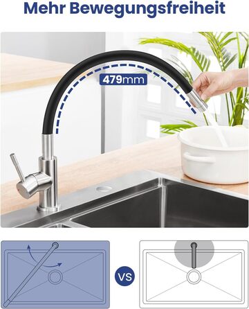 Чорний кухонний змішувач з гнучким виливом, 360° обертання, 2 режими струменя, нержавіюча сталь