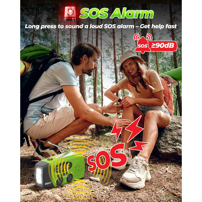 Радіо Esky Kurbelradio AM/FM, водонепроникне, з динамо-машиною, SOS-сигналом, ліхтарем та Power Bank - зелений