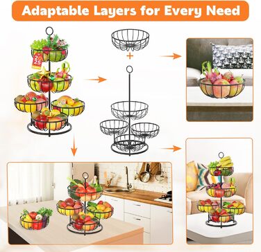 PouHenier 5-ярусна металева етажерка для фруктів та овочів, чорна, для кухні