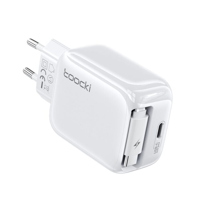 Зарядний пристрій USB-C toocki GaN 67W з LED дисплеєм та вбудованим кабелем 30W для MacBook, iPhone 17 Pro Max, Samsung Galaxy S24 Ultra/S23, Nintendo Switch, ноутбуків та смартфонів