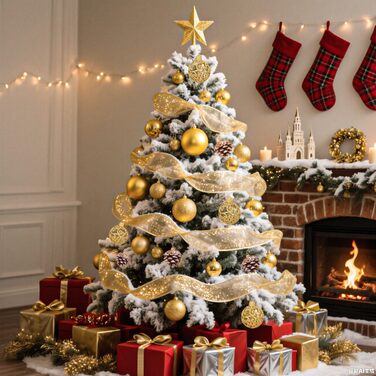 Набір прикрас для ялинки 101 шт. Кульоні з пластику, рожеве золото, матові, блискучі, з шишками та стрічками для декору ялинки, святкування, дому (золотий)