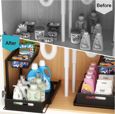 Cocolemon Under Sink Shelf Organizer, 2-Tier Kitchen Cabinet Organizer with Drawer, Large Capacity Under Sink Shelf, Spice Rack and Kitchen Helper for Kitchen, Bathroom, Under Cabinet, Black (2 PCS)