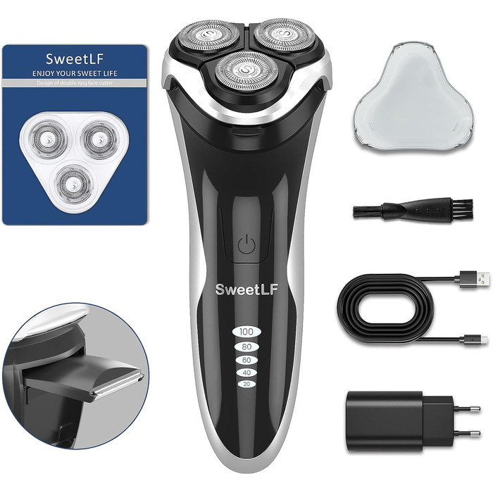 Електричний верстат для гоління SweetLF [2023 Neu] для чоловіків з 3D-головкою, LED-дисплеєм, 3 змінні голівки та зарядним пристроєм. Вологостійкий IPX7, чорний
