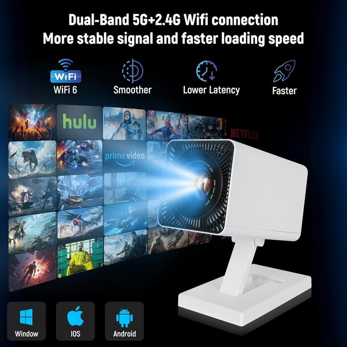 Mini проєктор Beamer 4K з Wi-Fi 6 та Bluetooth 5.0, 150 ANSI Lumen, портативний, автоматичне вирівнювання, 130 дюймів, для домашнього кіно, сумісний з телефоном/ПК/HDMI/USB