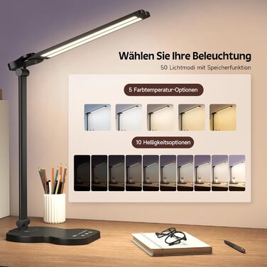 LED лампа настільна з двома руками, 5 кольорів та 10 рівнів яскравості, таймер вимкнення 45 хв, сенсорне керування, для навчання (біла) (чорна)