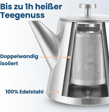 Заварник для чаю Teekanne з ситечком, 1 л, нержавіюча сталь, з функцією підігріву та пробковим підстаканником, двостінний чайник для листового чаю та трав'яних настоїв