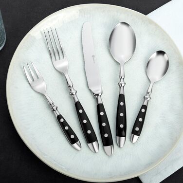 GRÄWE Stainless Steel Cutlery Set for 6 People, Heavy, Rustic, 30-Piece Table Cutlery Set, Forged Cutlery with Black Handles - Nuremberg Series 30-Piece | 6 People