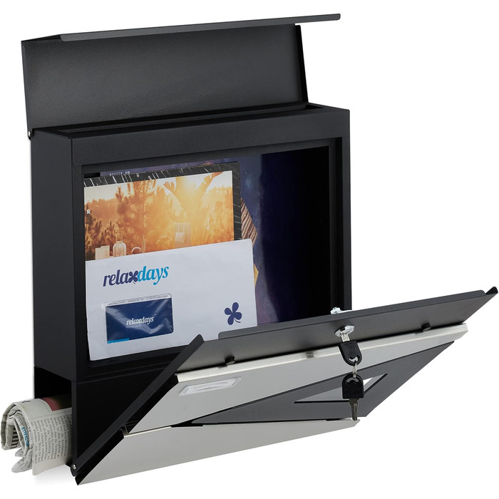 Поштова скринька Relaxdays HBT 37x37x11 см, сталь, чорний/срібний, з оглядовим вікном та замком