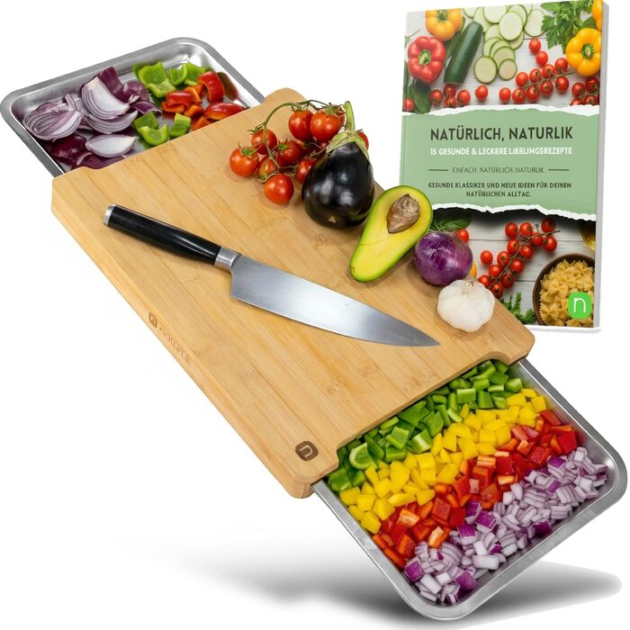 Bamboo XL Cutting Board with Magnetic Collection Bowls, Natural Bamboo Wood Chopping Board for Kitchen (40x29 cm), Premium Quality