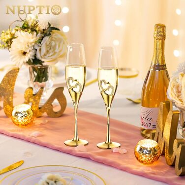 Набір келихів для шампанського NUPTIO на весілля: персоналізовані кришталеві подарунки для нареченого та нареченої, подарунковий набір для заручин, тостів, річниці, з дерев'яною подарунковою коробкою (Золотий, 2)