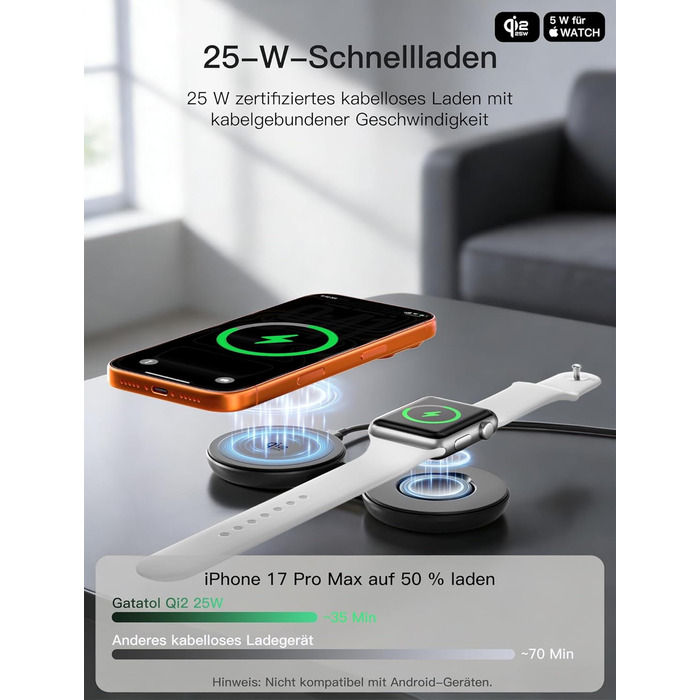 Бездротовий зарядний пристрій 2-в-1 Qi2 25W з MagSafe для iPhone 15/14/13/12, Apple Watch, AirPods + Блок живлення 30W (Чорний)