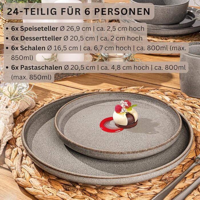 Набір посуду SÄNGER Kairo Graphit 24 елементи: 6 тарілок для їжі, 6 тарілок для десерту, 6 мисок для пасти, 6 мисок, керамічний посуд для 6 осіб, мока-коричневий колір
