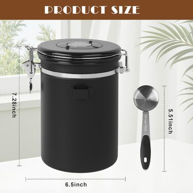 Герметична кавова банка 1,8 л з нержавіючої сталі з датою та ложкою, для кави, чаю, горіхів, какао (чорна)