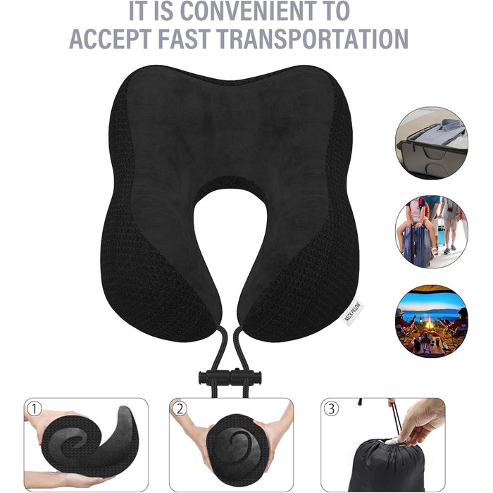 Подушка для шиї в подорожах: м'яка, з memory foam, для авто, літака, офісу та дому (чорна)