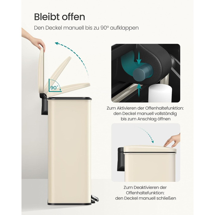 Відро для сміття SONGMICS 40 л, сталеве, з м'яким закриттям, з мішками, пісочно-бежеве (LTB540A02)