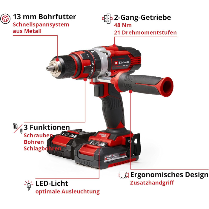 Акумуляторний дриль-шуруповерт Einhell TE-CD 18/48 Li-i Solo Power X-Change (18 В, Li-Ion, 2 швидкості, ударний режим, LED, 2x 2.0 Ah акумулятори, зарядний пристрій)