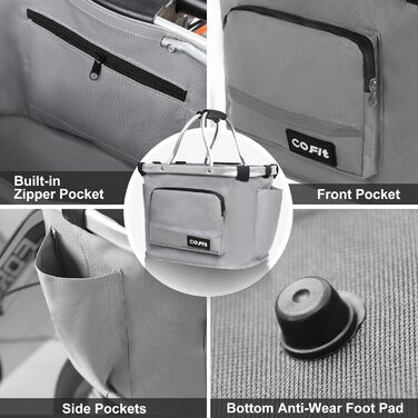 COFIT Складний велосипедний кошик, знімний багатоцільовий кошик для велосипеда, для тварин, покупок, щоденних поїздок, кемпінгу та активного відпочинку. Сірий, з бічними кишенями