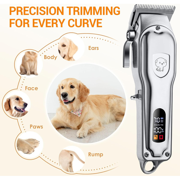 Машинка для стрижки собак і котів, професійна, з 4 насадками, потужний мотор, для тіла, обличчя, вух, лап (срібна)