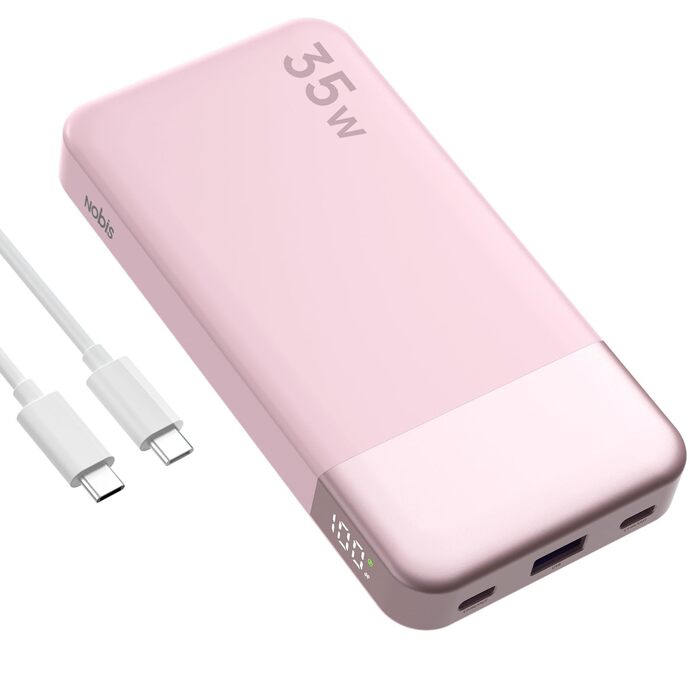 Power Bank Nobis 35W 10000mAh з цифровою індикацією, рожевий – зарядка для iPhone, Galaxy, планшетів