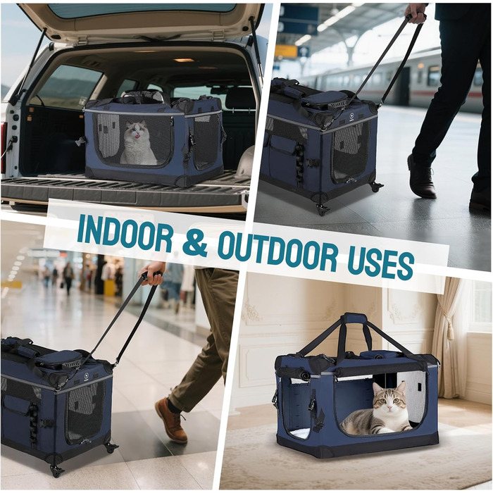 Складана переноска для котів 61 см з колесами - велика переноска для котів та маленьких собак, дихаюча та стійка для подорожей на авто (до 20 кг), морська синя