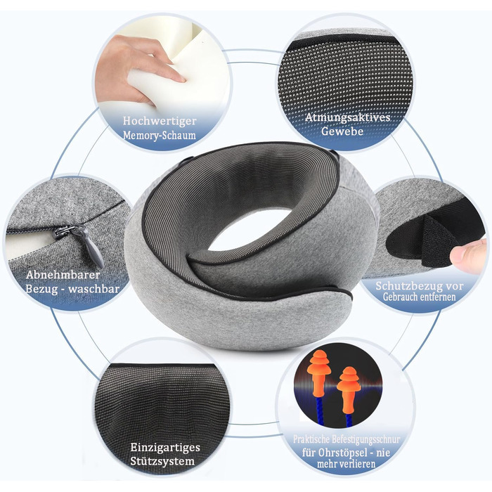 Подушка для шиї з регульованою капюшоном та 360° підтримкою шиї | Ергономічна подушка з піною з пам'яті для подорожей (літак, авто) | З чохлом для подорожей та берушами | Дихаюча та пральна (світло-сіра)