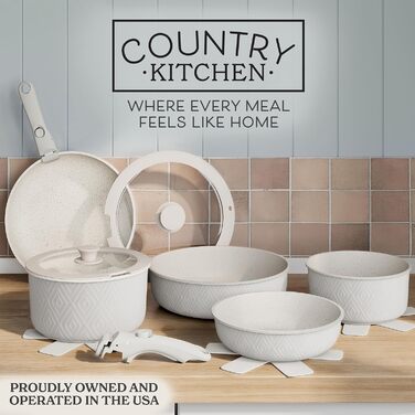 Набір посуду Country Kitchen 16 предметів з керамічним антипригарним покриттям, дерев'яні ручки, для дому та кемпінгу, придатний для духовки (кремовий ромб)
