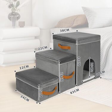 Сходинка для собак та котів Haustiertreppe, складана з місцем для відпочинку, сіра (3 сходинки, сіре гніздо)