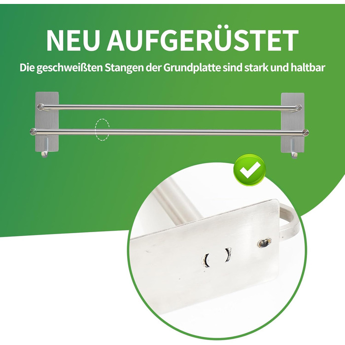 Тримач для рушників на стіну без свердління, нержавіюча сталь SUS304, 3 стійки, 2 гачки, багатофункціональний, для ванної кімнати та кухні (сріблястий, 43.5 см)